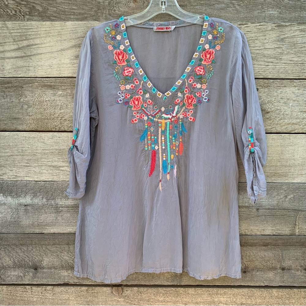 Johnny Was Blouse Womens S Boho Embroidered Short Sleeve Vneck Gray Multicolor - Picture 1 of 16